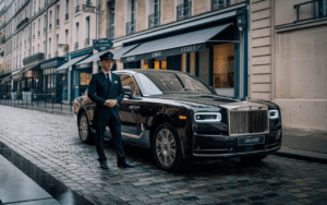 Chauffeur en uniforme noir à côté d'une voiture de luxe noire sur rue pavée à Paris