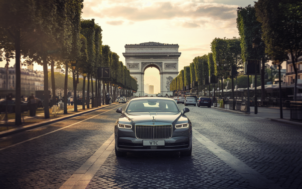 Voiture VTC photoréaliste devant l’Arc de Triomphe à Paris