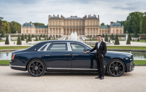 Dark blue luxury sedan with chauffeur at Château de Versailles