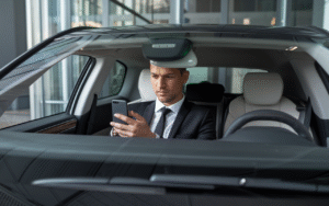 Chauffeur VTC consultant son smartphone dans un véhicule urbain