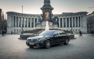 Berline Mercedes-Benz noire devant le monument Bellecour, entouré de passants et cyclistes dans un cadre urbain