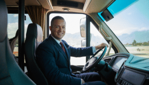 Chauffeur souriant en uniforme conduisant un bus de tourisme devant un paysage emblématique