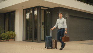 Un concierge souriant accueille des voyageurs avec valises devant une maison Airbnb moderne