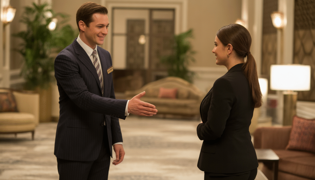 Concierge professionnel en costume accueillant un client dans le hall raffiné d’un hôtel