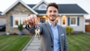 Personne souriante tenant des clés devant une maison soignée