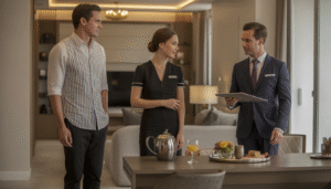 Équipe de conciergerie de luxe avec clients dans un appartement haut de gamme
