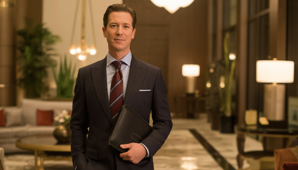 Concierge en costume sur mesure saluant un client dans un hall d'hôtel raffiné