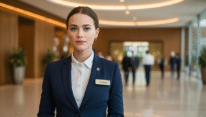 Concierge élégant dans un hall d'accueil haut de gamme, posture professionnelle
