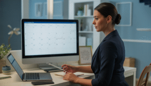 Professional business assistant at modern desk with laptop and smartphone