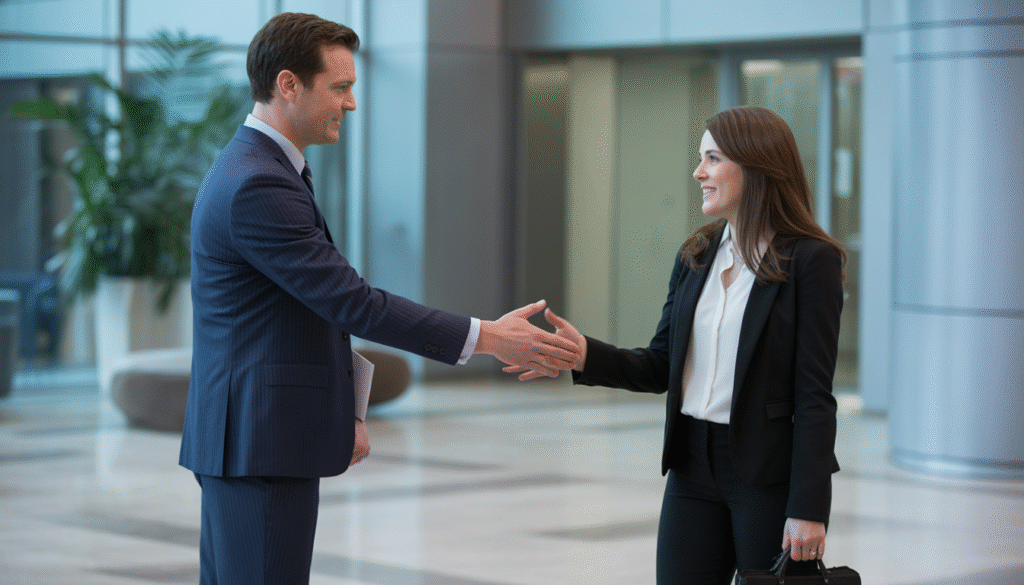 Concierge professionnel accueillant un employé dans un hall de bureau contemporain